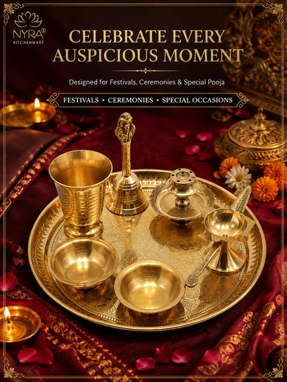 Brass Pooja Thali Set with Diya, Bell, Kalash, Incense Holder, and Bowls - Making it Ideal for Daily Worship and Special Ceremonies