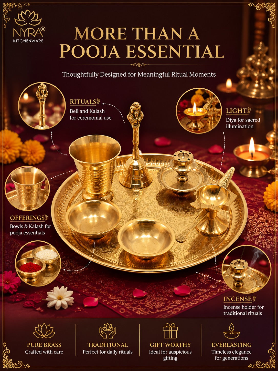 Brass Pooja Thali Set with Diya, Bell, Kalash, Incense Holder, and Bowls - Making it Ideal for Daily Worship and Special Ceremonies