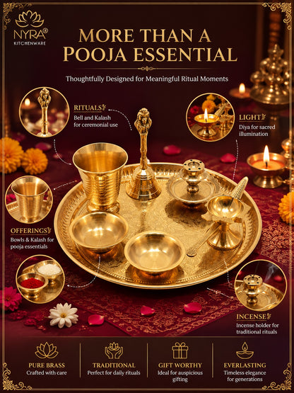 Brass Pooja Thali Set with Diya, Bell, Kalash, Incense Holder, and Bowls - Making it Ideal for Daily Worship and Special Ceremonies