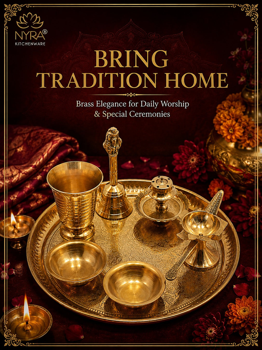 Brass Pooja Thali Set with Diya, Bell, Kalash, Incense Holder, and Bowls - Making it Ideal for Daily Worship and Special Ceremonies