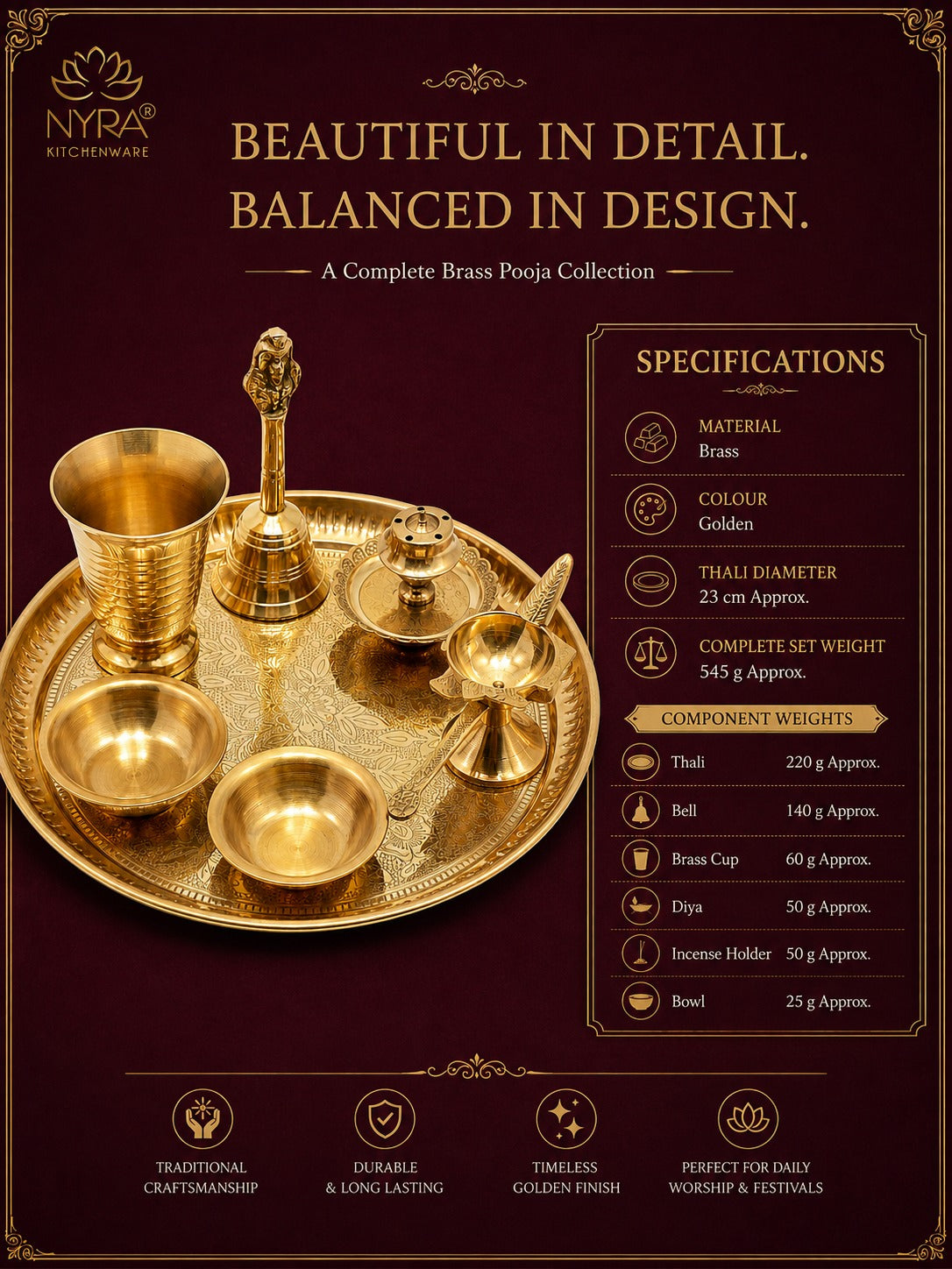 Brass Pooja Thali Set with Diya, Bell, Kalash, Incense Holder, and Bowls - Making it Ideal for Daily Worship and Special Ceremonies