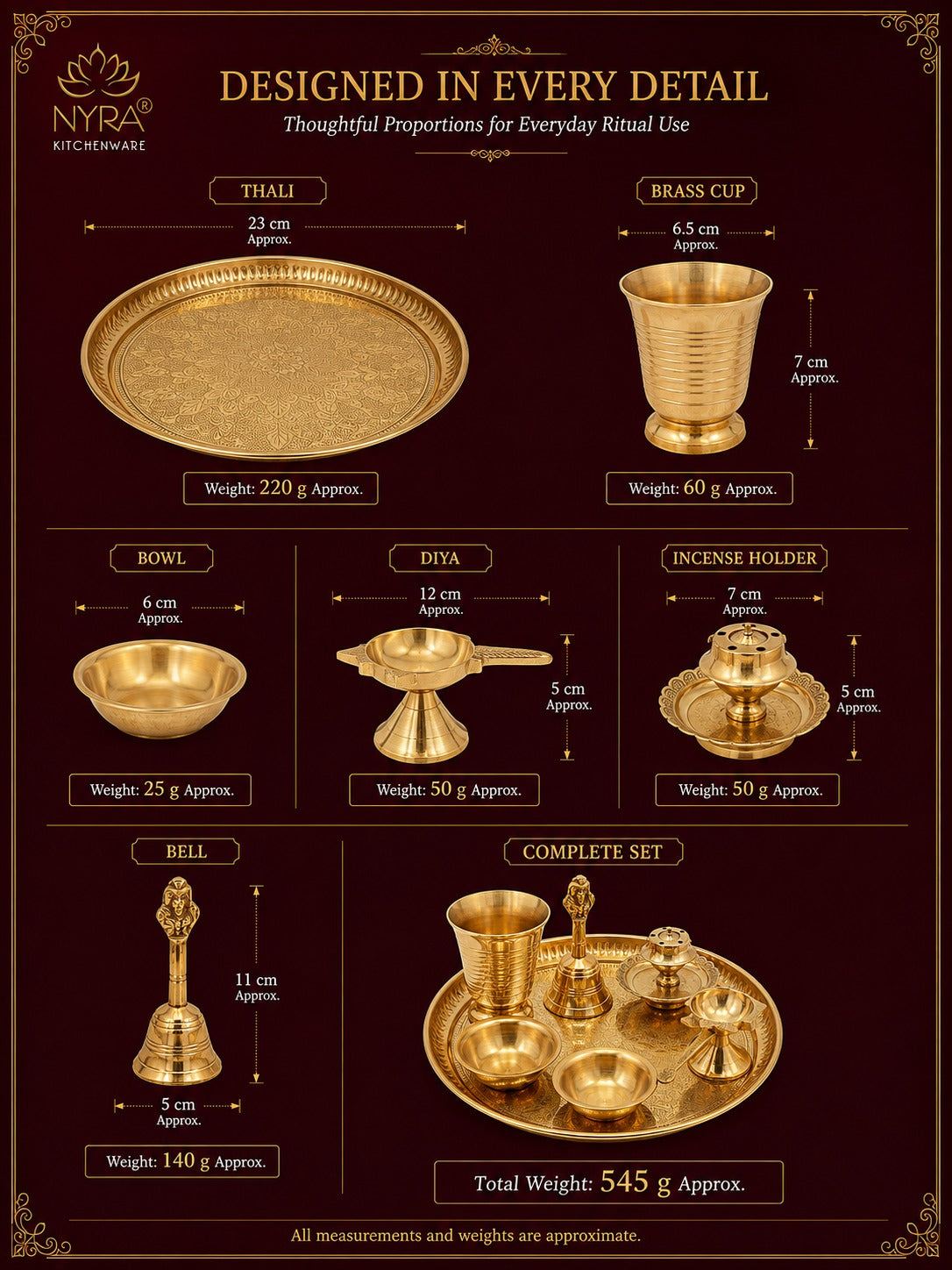 Brass Pooja Thali Set with Diya, Bell, Kalash, Incense Holder, and Bowls - Making it Ideal for Daily Worship and Special Ceremonies