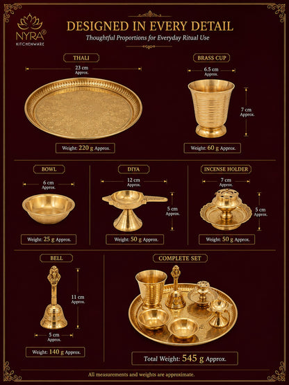 Brass Pooja Thali Set with Diya, Bell, Kalash, Incense Holder, and Bowls - Making it Ideal for Daily Worship and Special Ceremonies