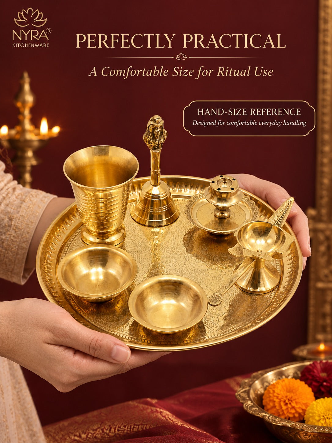 Brass Pooja Thali Set with Diya, Bell, Kalash, Incense Holder, and Bowls - Making it Ideal for Daily Worship and Special Ceremonies