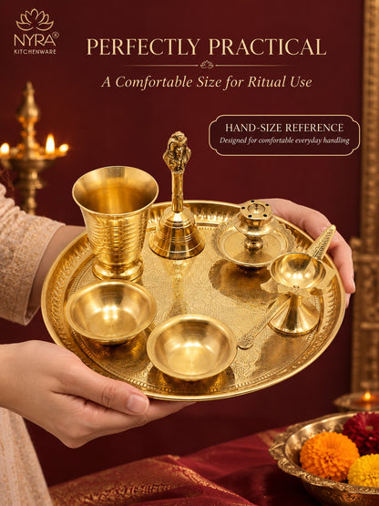 Brass Pooja Thali Set with Diya, Bell, Kalash, Incense Holder, and Bowls - Making it Ideal for Daily Worship and Special Ceremonies