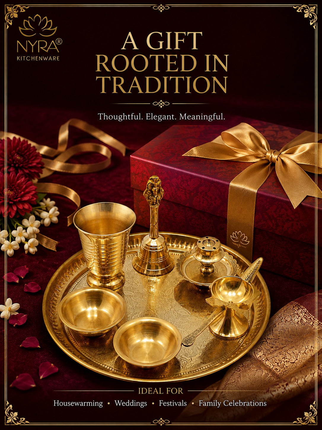 Brass Pooja Thali Set with Diya, Bell, Kalash, Incense Holder, and Bowls - Making it Ideal for Daily Worship and Special Ceremonies