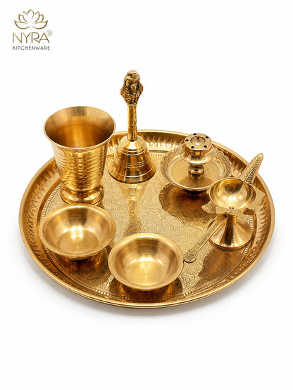 Brass Pooja Thali Set with Diya, Bell, Kalash, Incense Holder, and Bowls - Making it Ideal for Daily Worship and Special Ceremonies