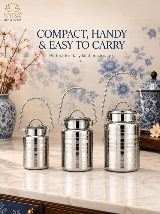 Stainless Steel Milk Can & Oil Pot Set | Glossy Silver Jointless Design with Lid Barni