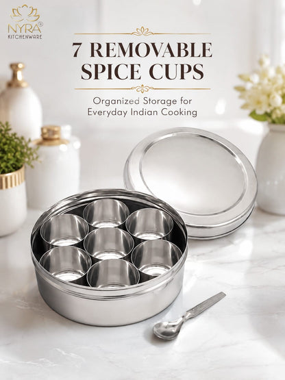 Stainless Steel Masaldani / Spice Box with Steel Lid | Authentic Masala Dabba with 7 Removable Cups & 1 Spoon