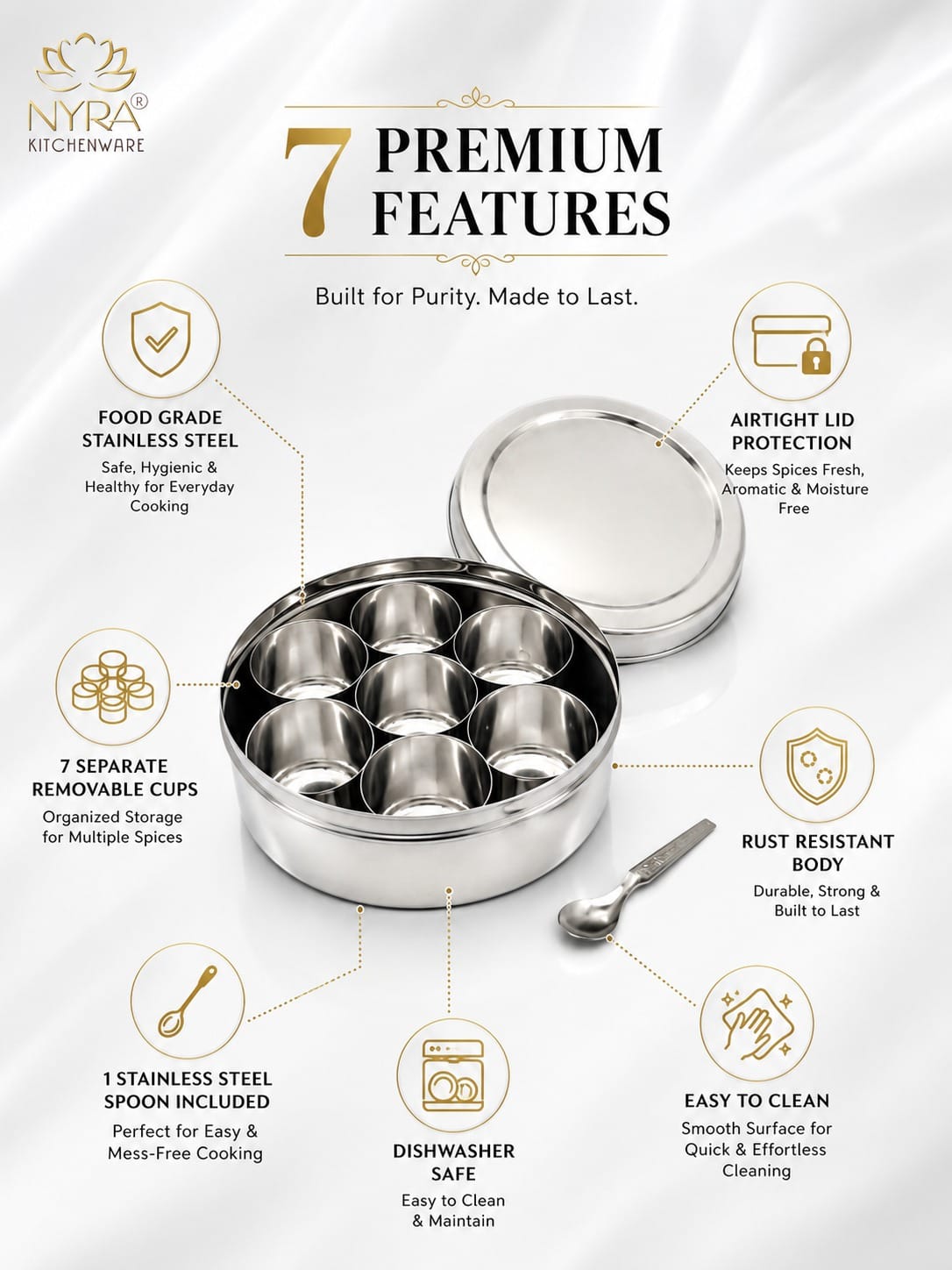 Stainless Steel Masaldani / Spice Box with Steel Lid | Authentic Masala Dabba with 7 Removable Cups & 1 Spoon