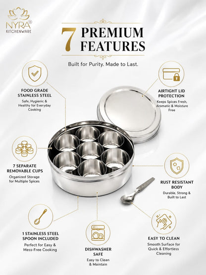 Stainless Steel Masaldani / Spice Box with Steel Lid | Authentic Masala Dabba with 7 Removable Cups & 1 Spoon