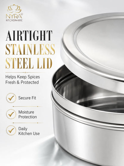 Stainless Steel Masaldani / Spice Box with Steel Lid | Authentic Masala Dabba with 7 Removable Cups & 1 Spoon