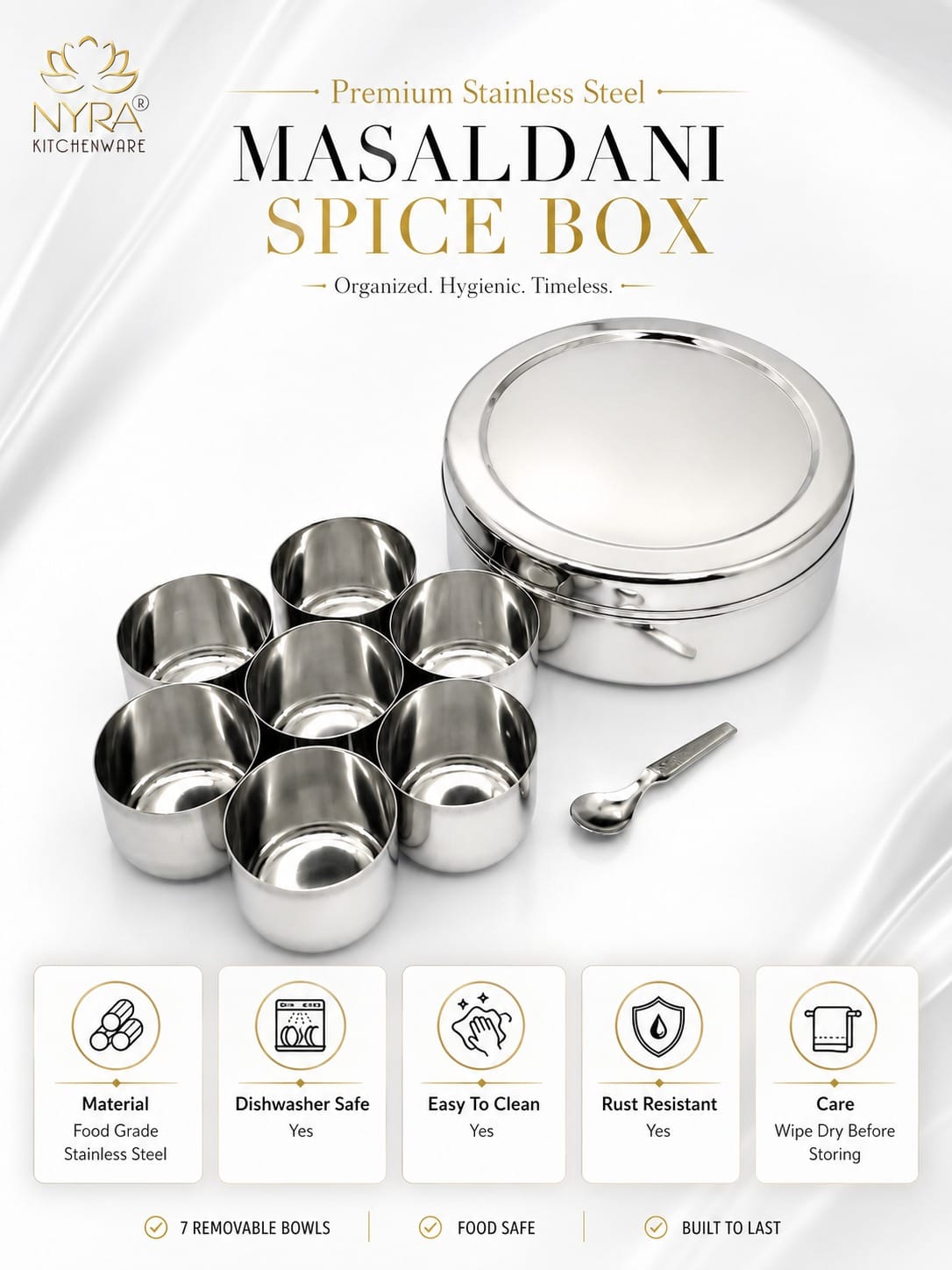 Stainless Steel Masaldani / Spice Box with Steel Lid | Authentic Masala Dabba with 7 Removable Cups & 1 Spoon