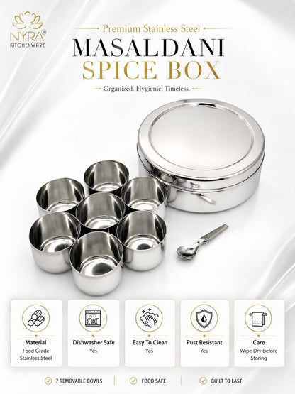 Stainless Steel Masaldani / Spice Box with Steel Lid | Authentic Masala Dabba with 7 Removable Cups & 1 Spoon