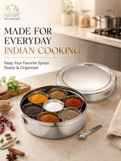 Stainless Steel Masaldani / Spice Box with Steel Lid | Authentic Masala Dabba with 7 Removable Cups & 1 Spoon