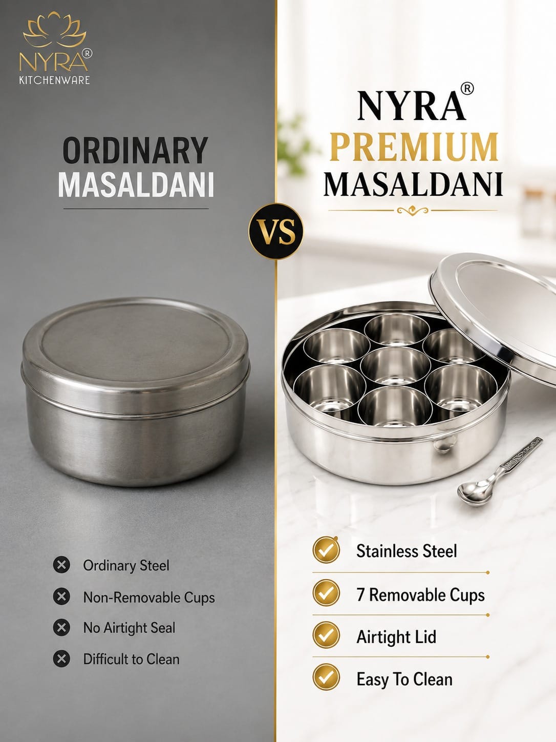 Stainless Steel Masaldani / Spice Box with Steel Lid | Authentic Masala Dabba with 7 Removable Cups & 1 Spoon