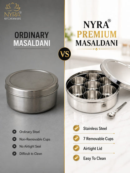 Stainless Steel Masaldani / Spice Box with Steel Lid | Authentic Masala Dabba with 7 Removable Cups & 1 Spoon