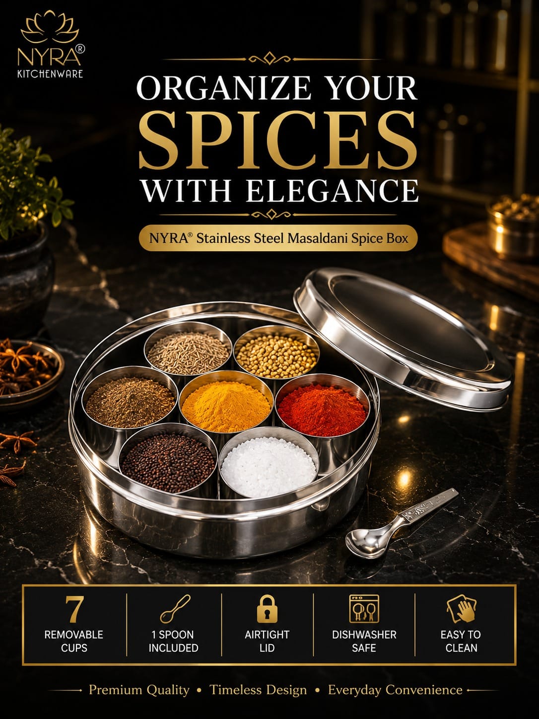Stainless Steel Masaldani / Spice Box with Steel Lid | Authentic Masala Dabba with 7 Removable Cups & 1 Spoon