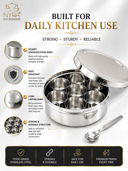 Stainless Steel Masaldani / Spice Box with Steel Lid | Authentic Masala Dabba with 7 Removable Cups & 1 Spoon