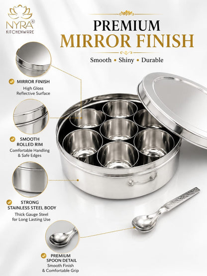Stainless Steel Masaldani / Spice Box with Steel Lid | Authentic Masala Dabba with 7 Removable Cups & 1 Spoon