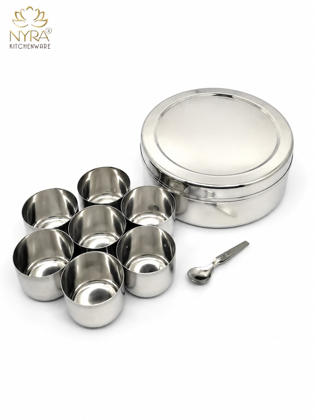 Stainless Steel Masaldani / Spice Box with Steel Lid | Authentic Masala Dabba with 7 Removable Cups & 1 Spoon