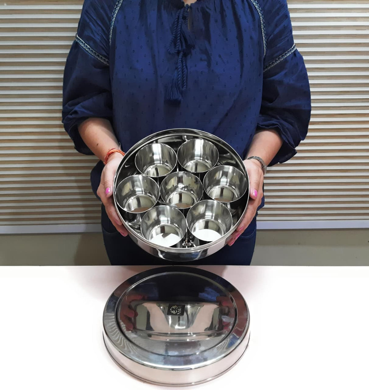 Stainless Steel Masaldani / Spice Box with Steel Lid | Authentic Masala Dabba with 7 Removable Cups & 1 Spoon
