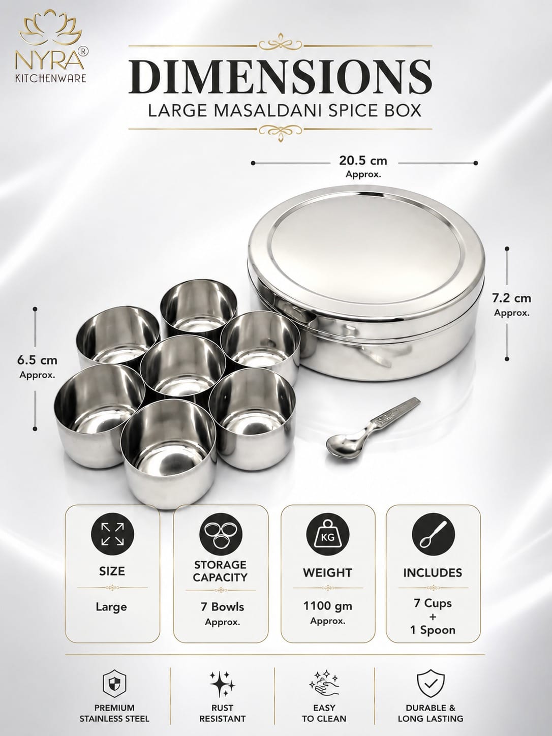 Stainless Steel Masaldani / Spice Box with Steel Lid | Authentic Masala Dabba with 7 Removable Cups & 1 Spoon