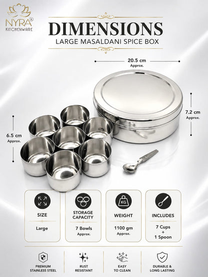 Stainless Steel Masaldani / Spice Box with Steel Lid | Authentic Masala Dabba with 7 Removable Cups & 1 Spoon