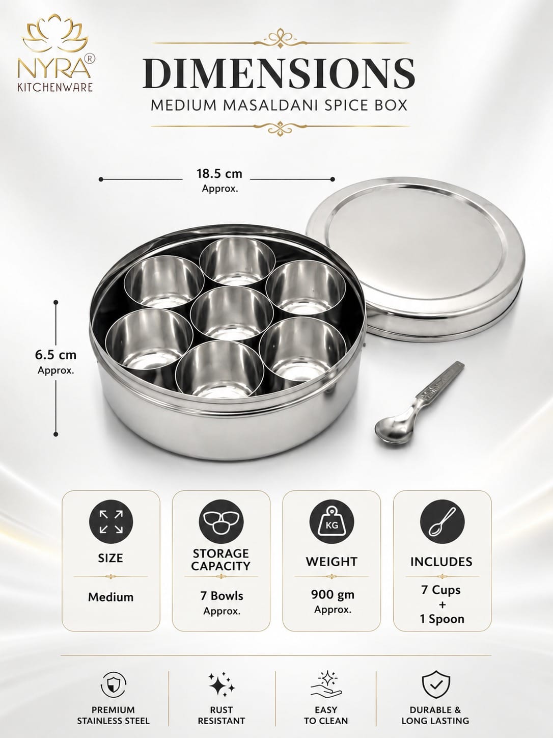 Stainless Steel Masaldani / Spice Box with Steel Lid | Authentic Masala Dabba with 7 Removable Cups & 1 Spoon