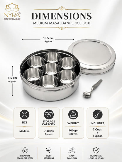 Stainless Steel Masaldani / Spice Box with Steel Lid | Authentic Masala Dabba with 7 Removable Cups & 1 Spoon