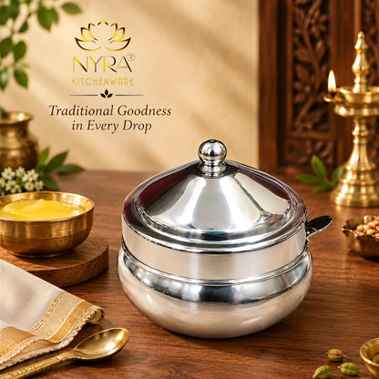 Stainless steel Ghee Pot with Lid and Spoon – Traditional Silver-Tone Matka-style Storage Container for Kitchen