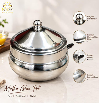 Stainless steel Ghee Pot with Lid and Spoon – Traditional Silver-Tone Matka-style Storage Container for Kitchen