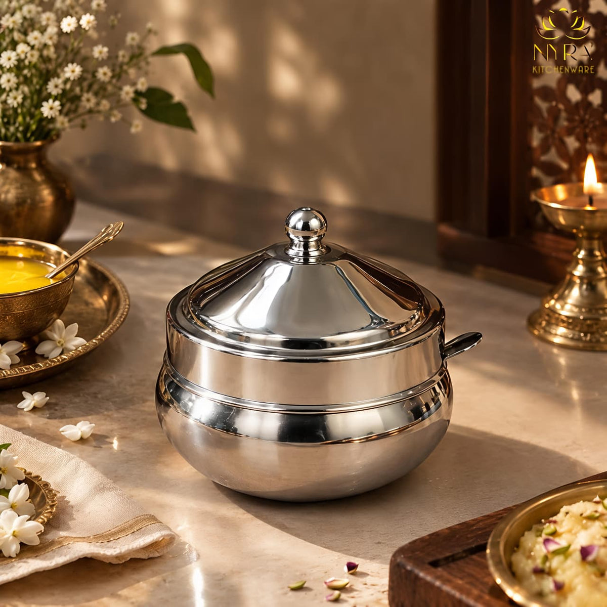 Stainless steel Ghee Pot with Lid and Spoon – Traditional Silver-Tone Matka-style Storage Container for Kitchen