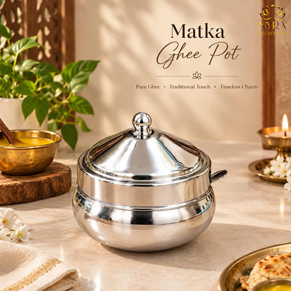 Stainless steel Ghee Pot with Lid and Spoon – Traditional Silver-Tone Matka-style Storage Container for Kitchen