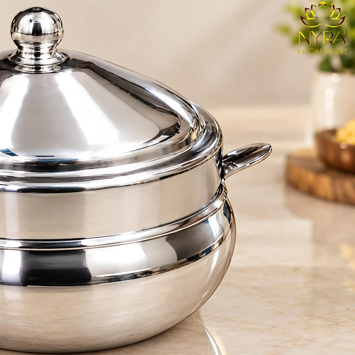 Stainless steel Ghee Pot with Lid and Spoon – Traditional Silver-Tone Matka-style Storage Container for Kitchen