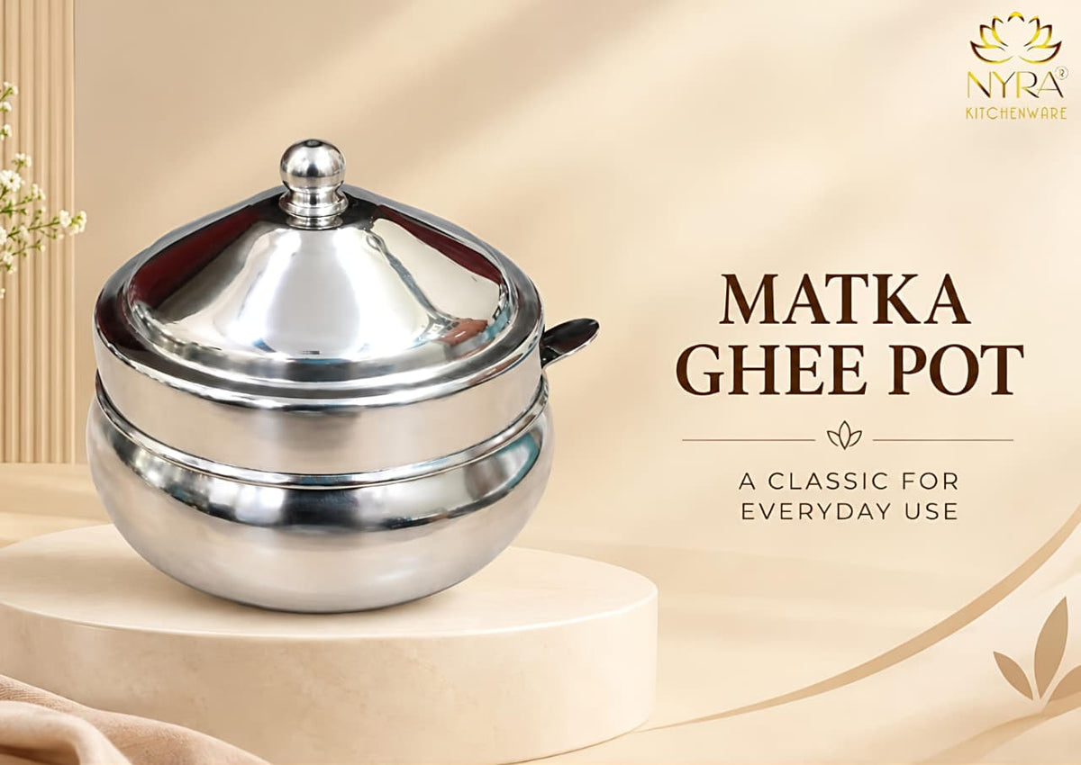 Stainless steel Ghee Pot with Lid and Spoon – Traditional Silver-Tone Matka-style Storage Container for Kitchen