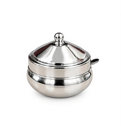 Stainless steel Ghee Pot with Lid and Spoon – Traditional Silver-Tone Matka-style Storage Container for Kitchen