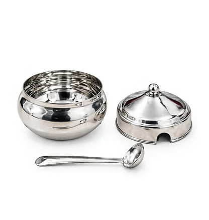 Stainless steel Ghee Pot with Lid and Spoon – Traditional Silver-Tone Matka-style Storage Container for Kitchen