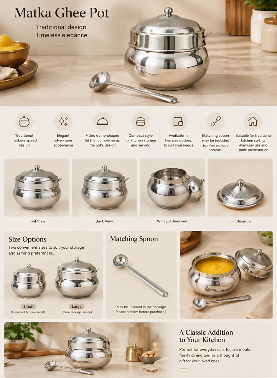 Stainless steel Ghee Pot with Lid and Spoon – Traditional Silver-Tone Matka-style Storage Container for Kitchen