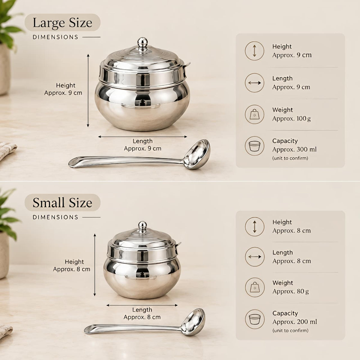 Stainless steel Ghee Pot with Lid and Spoon – Traditional Silver-Tone Matka-style Storage Container for Kitchen