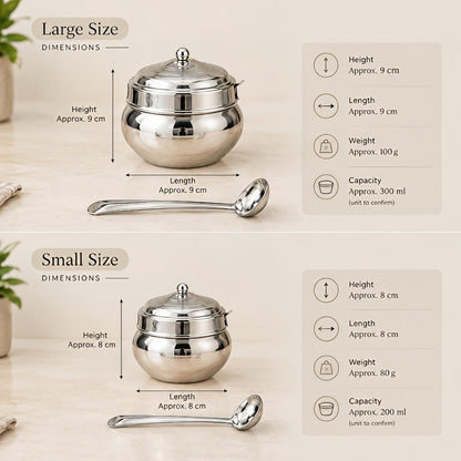 Stainless steel Ghee Pot with Lid and Spoon – Traditional Silver-Tone Matka-style Storage Container for Kitchen