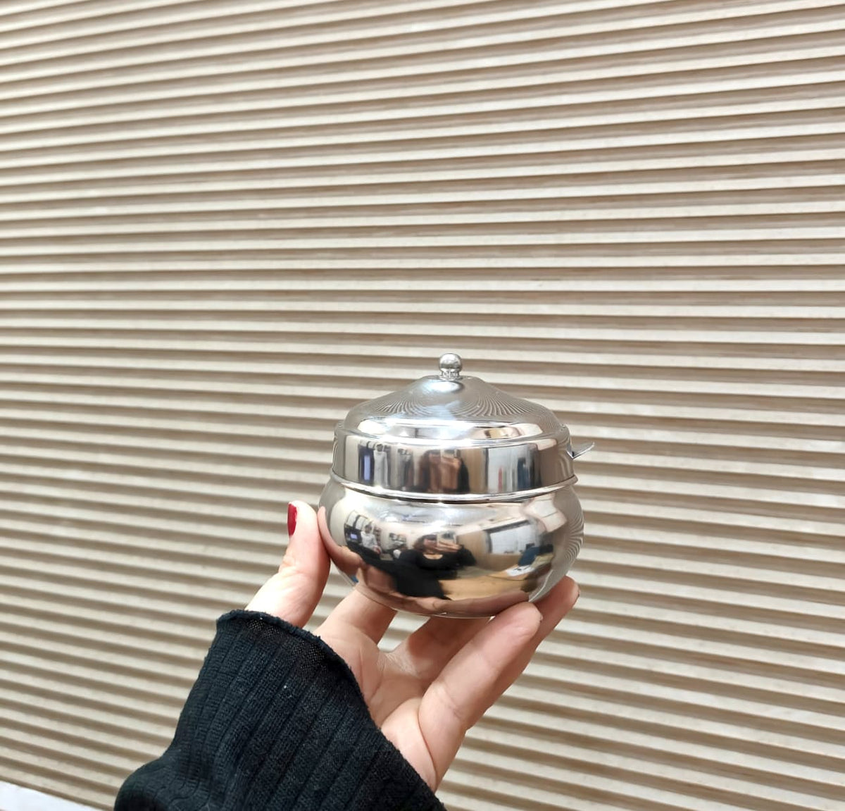 Stainless steel Ghee Pot with Lid and Spoon – Traditional Silver-Tone Matka-style Storage Container for Kitchen