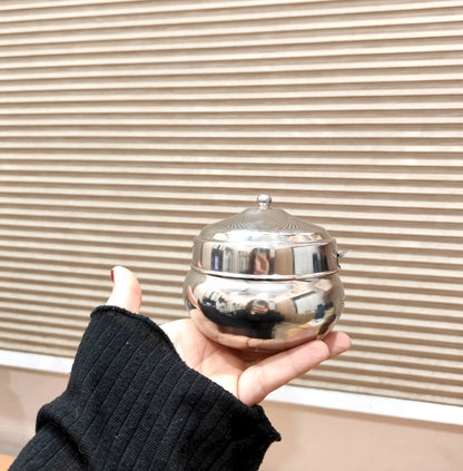 Stainless steel Ghee Pot with Lid and Spoon – Traditional Silver-Tone Matka-style Storage Container for Kitchen