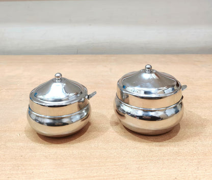 Stainless steel Ghee Pot with Lid and Spoon – Traditional Silver-Tone Matka-style Storage Container for Kitchen