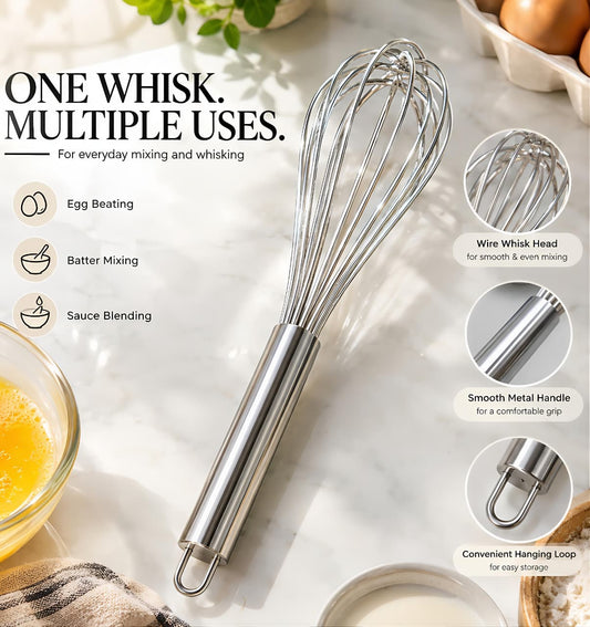 Nyra® Premium Stainless Steel Culinary Whisk – Multi-Purpose Manual Mixing Tool, Small, Medium & Large