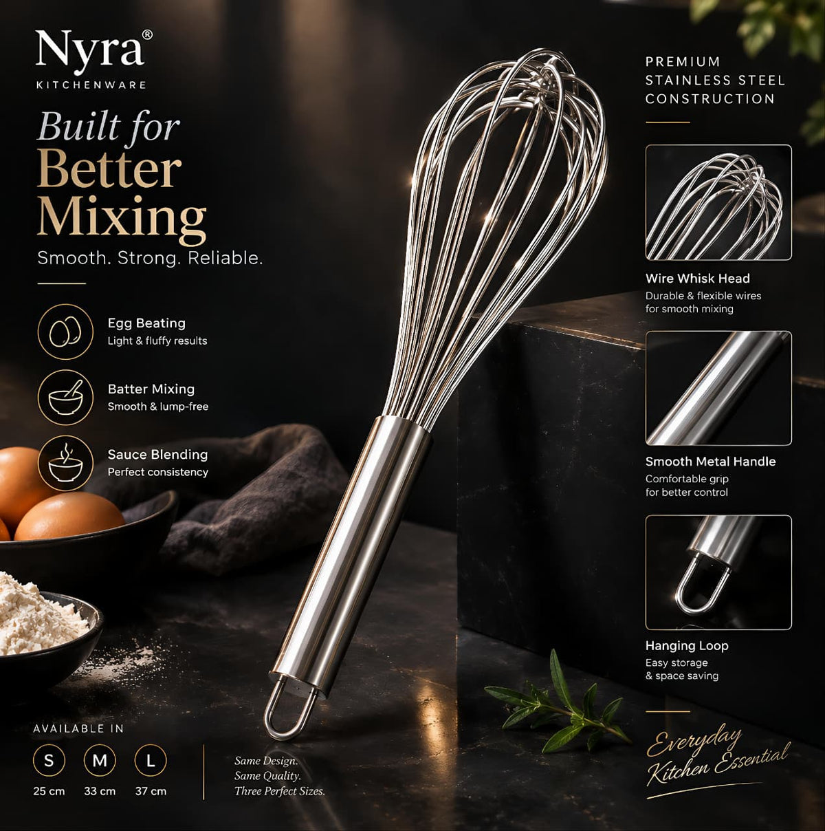 Nyra® Premium Stainless Steel Culinary Whisk – Multi-Purpose Manual Mixing Tool, Small, Medium & Large