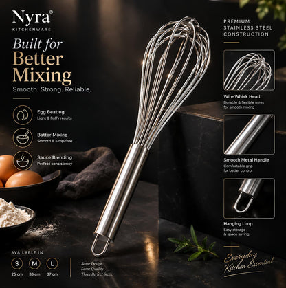 Nyra® Premium Stainless Steel Culinary Whisk – Multi-Purpose Manual Mixing Tool, Small, Medium & Large