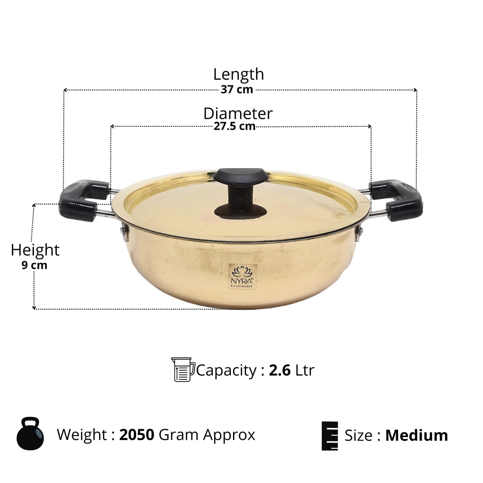 Measurement chart of a gold-colored cookware item with dimensions and specifications.
