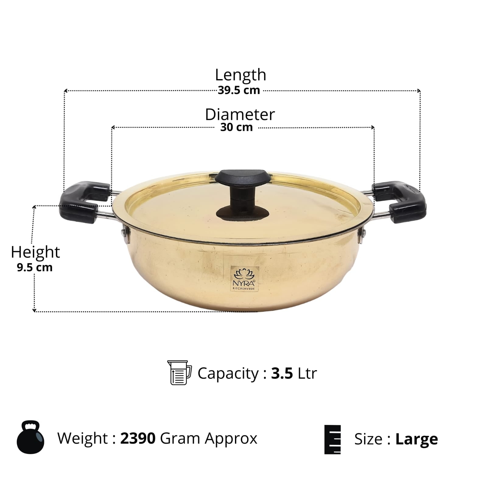 Gold-colored cookware with dimensions and specifications on a white background