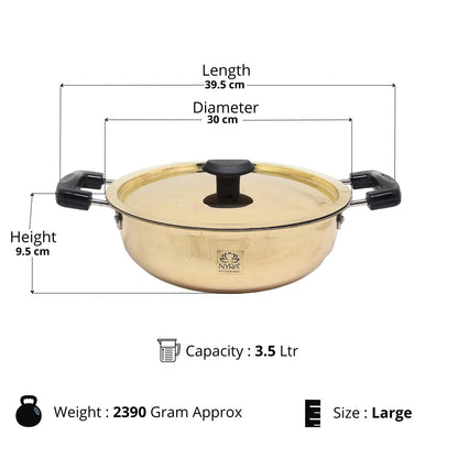 Gold-colored cookware with dimensions and specifications on a white background
